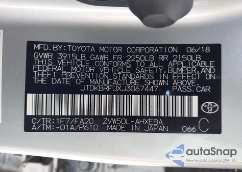 2018 Toyota Prius Two from USA, damaged, VIN JTDKBRFUXJ3067447